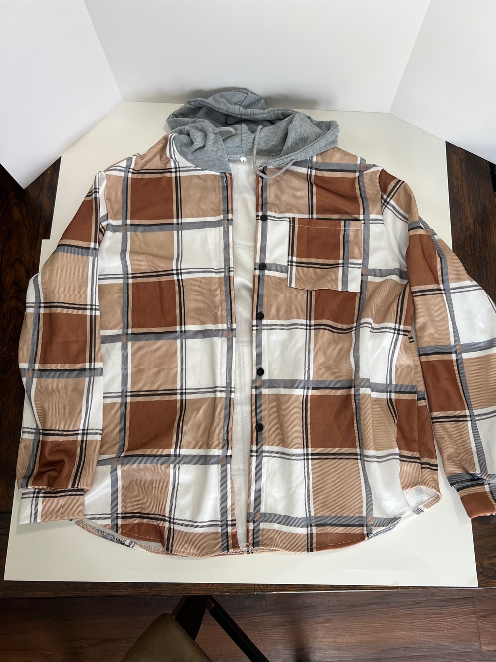 Lightweight Brown Plaid Hooded Shacket - Casual Layering Jacket